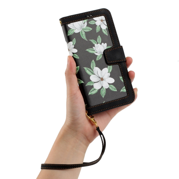 For Samsung Galaxy S25 5G Floral Pattern Leather Phone Case with Lanyard(Black)