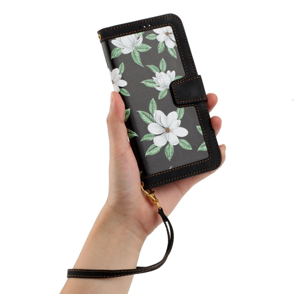 For Samsung Galaxy S25 5G Floral Pattern Leather Phone Case with Lanyard(Black)