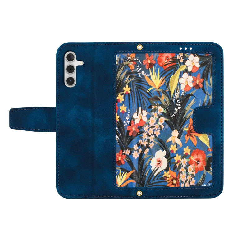 For Samsung Galaxy S25 5G Floral Pattern Leather Phone Case with Lanyard(Dark Blue)