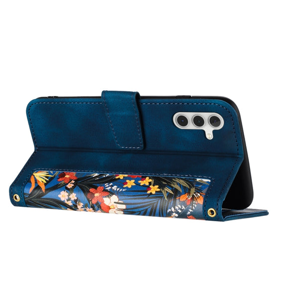 For Samsung Galaxy S25 5G Floral Pattern Leather Phone Case with Lanyard(Dark Blue)