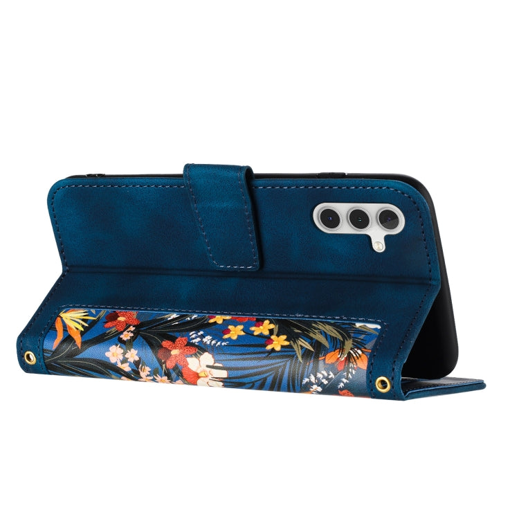 For Samsung Galaxy S25 5G Floral Pattern Leather Phone Case with Lanyard(Dark Blue)