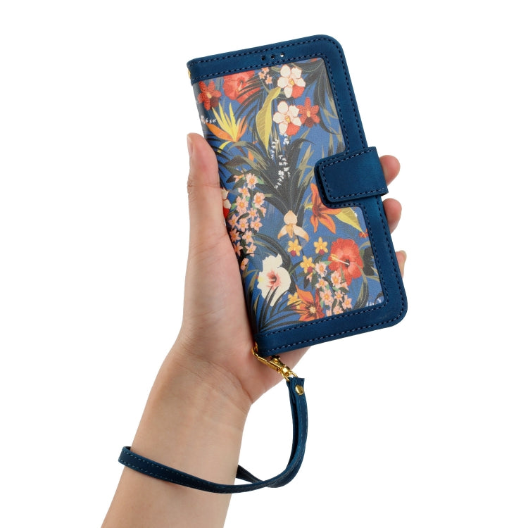 For Samsung Galaxy S25 5G Floral Pattern Leather Phone Case with Lanyard(Dark Blue)