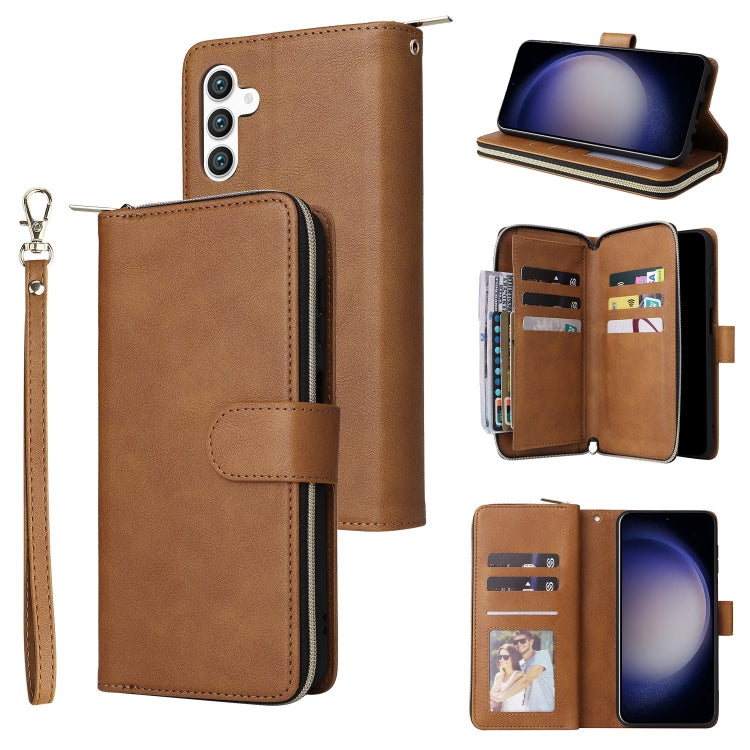 For Samsung Galaxy S25 5G 9-Card Slots Zipper Wallet Bag Leather Phone Case(Brown)