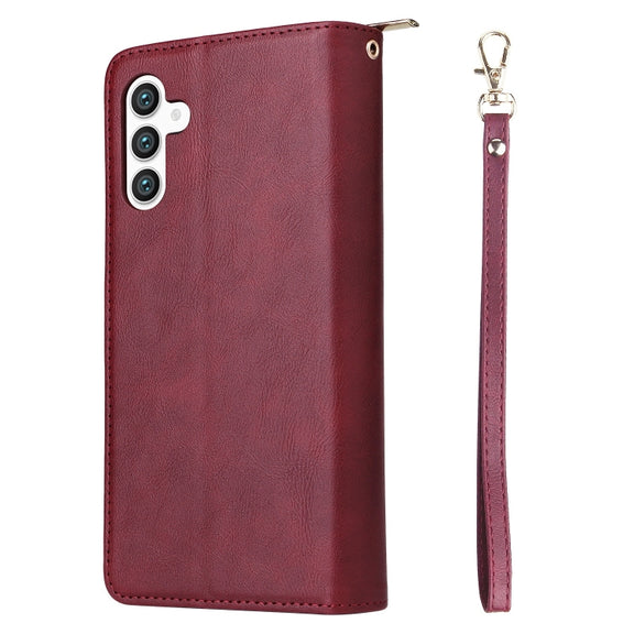For Samsung Galaxy S25+ 5G 9-Card Slots Zipper Wallet Bag Leather Phone Case(Wine Red)