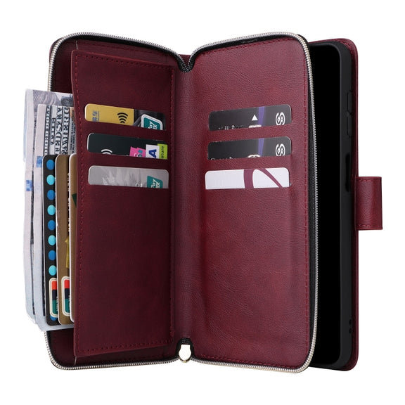 For Samsung Galaxy S25+ 5G 9-Card Slots Zipper Wallet Bag Leather Phone Case(Wine Red)