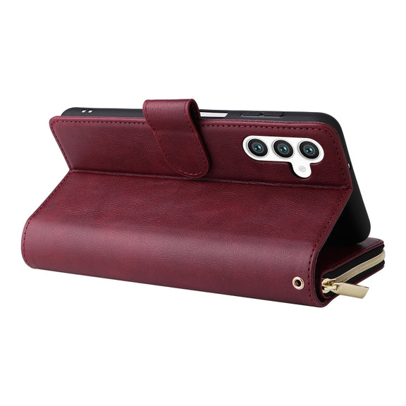 For Samsung Galaxy S25+ 5G 9-Card Slots Zipper Wallet Bag Leather Phone Case(Wine Red)