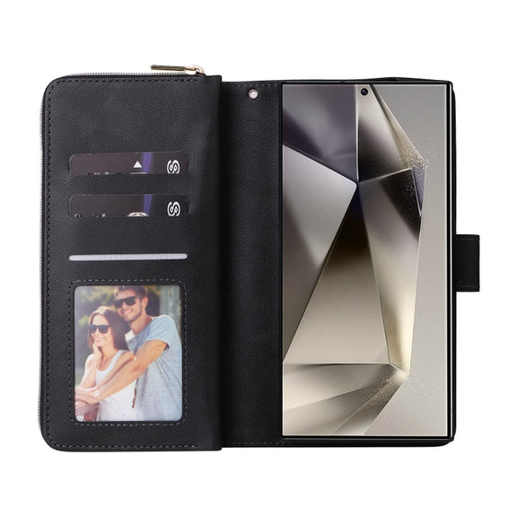 For Samsung Galaxy S25 Ultra 5G 9-Card Slots Zipper Wallet Bag Leather Phone Case(Black)
