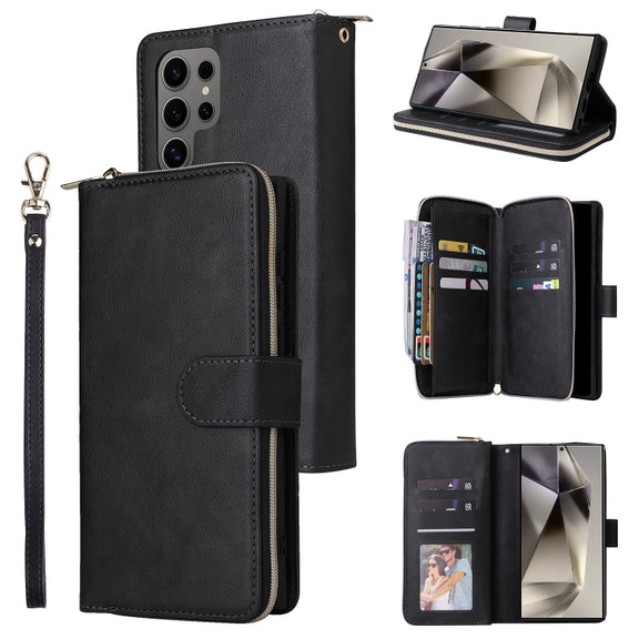 For Samsung Galaxy S25 Ultra 5G 9-Card Slots Zipper Wallet Bag Leather Phone Case(Black)
