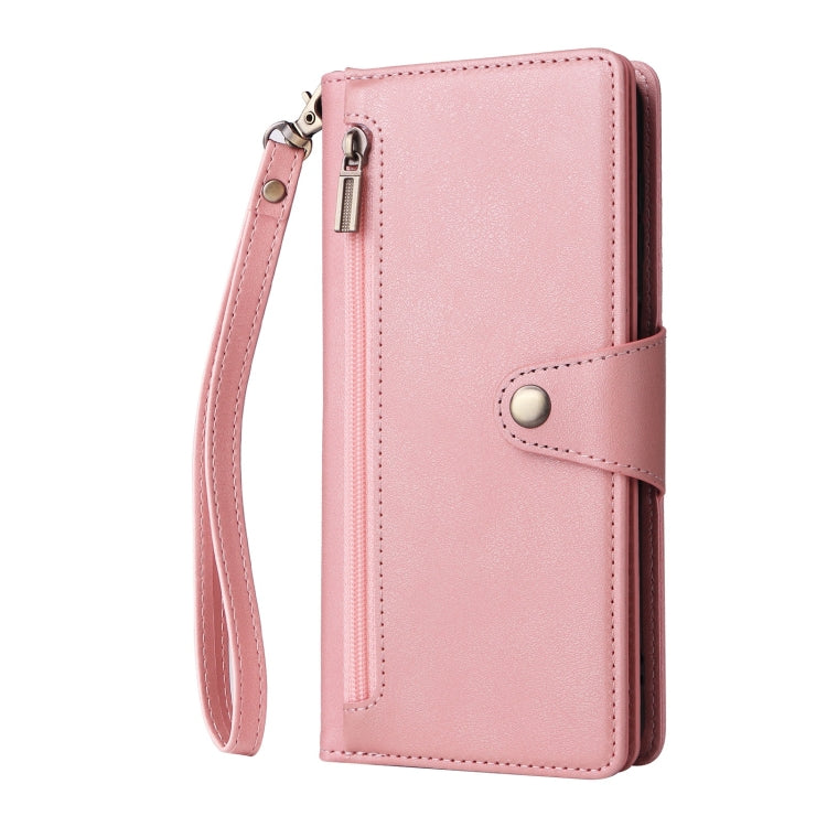 For Samsung Galaxy S25 5G Rivet Buckle 9 Cards Three Fold Leather Phone Case(Rose Gold)