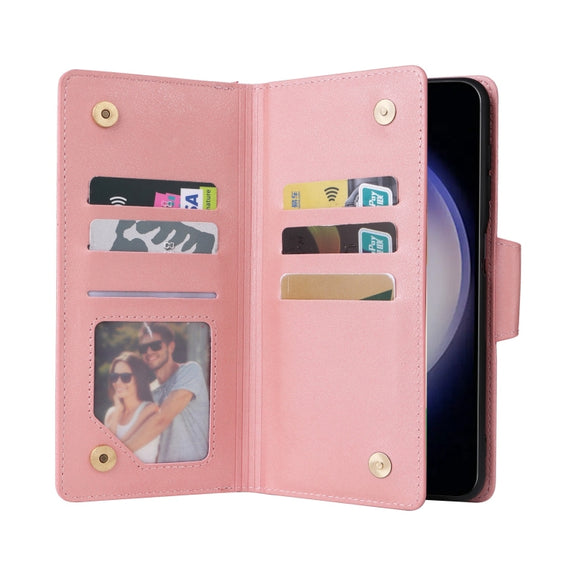 For Samsung Galaxy S25 5G Rivet Buckle 9 Cards Three Fold Leather Phone Case(Rose Gold)