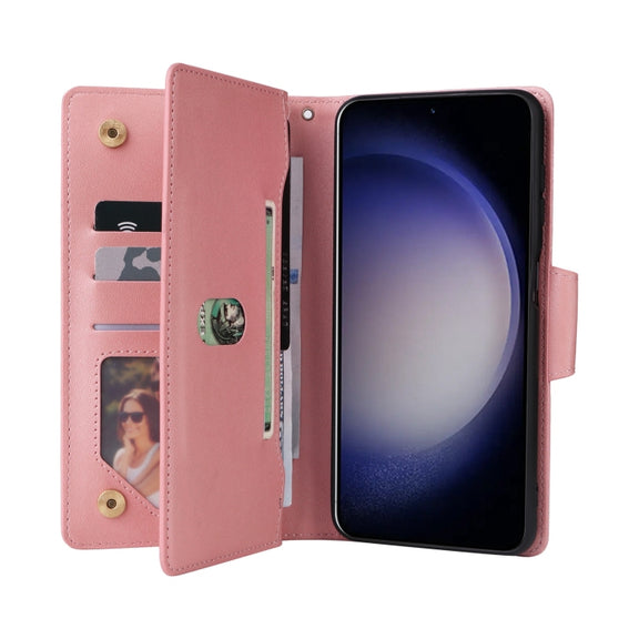 For Samsung Galaxy S25 5G Rivet Buckle 9 Cards Three Fold Leather Phone Case(Rose Gold)