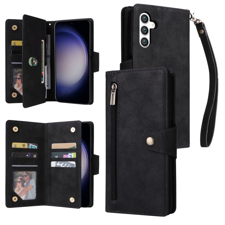 For Samsung Galaxy S25 5G Rivet Buckle 9 Cards Three Fold Leather Phone Case(Black)