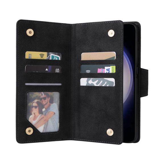 For Samsung Galaxy S25 5G Rivet Buckle 9 Cards Three Fold Leather Phone Case(Black)
