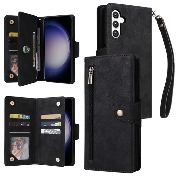 For Samsung Galaxy S25 5G Rivet Buckle 9 Cards Three Fold Leather Phone Case(Black)