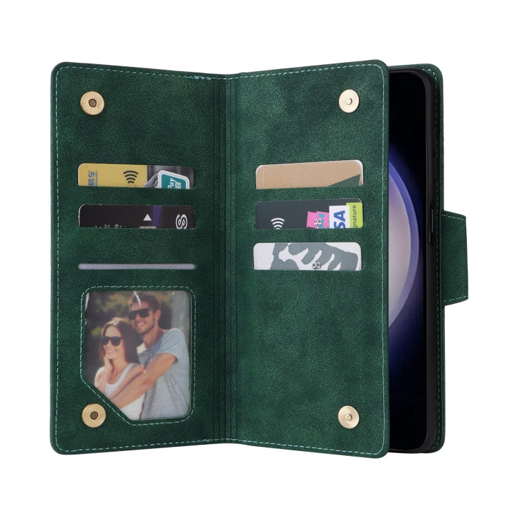 For Samsung Galaxy S25 5G Rivet Buckle 9 Cards Three Fold Leather Phone Case(Green)