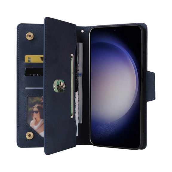 For Samsung Galaxy S25 5G Rivet Buckle 9 Cards Three Fold Leather Phone Case(Blue)