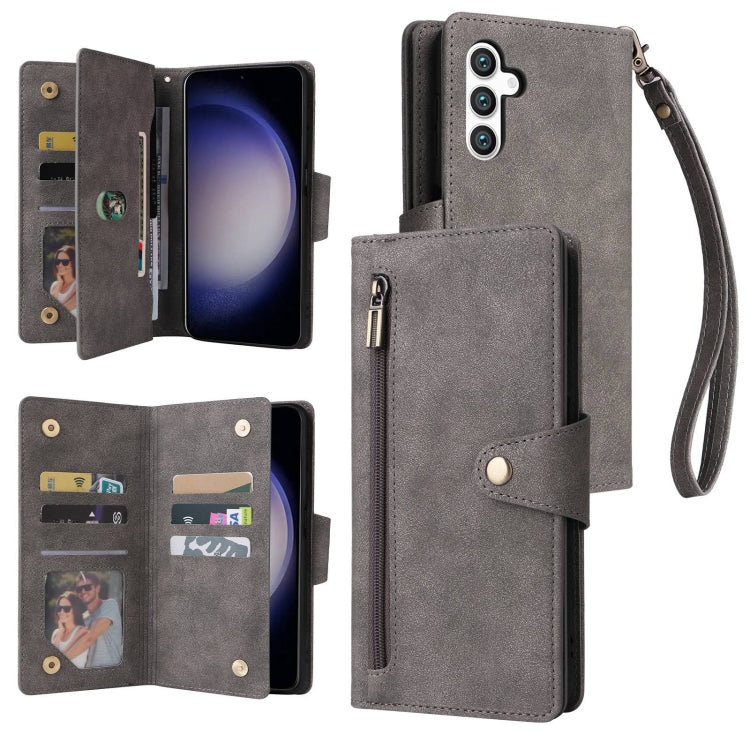 For Samsung Galaxy S25 5G Rivet Buckle 9 Cards Three Fold Leather Phone Case(Grey)