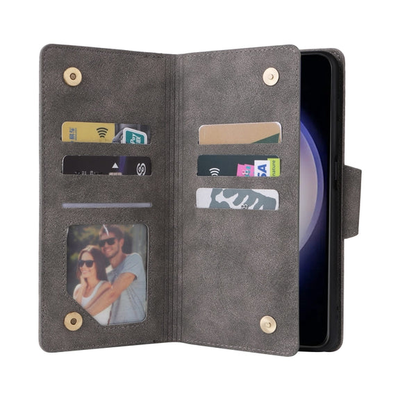 For Samsung Galaxy S25 5G Rivet Buckle 9 Cards Three Fold Leather Phone Case(Grey)