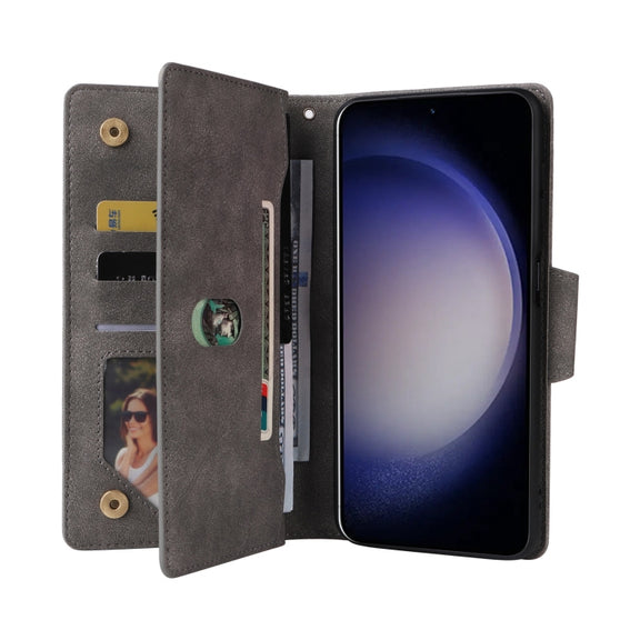 For Samsung Galaxy S25 5G Rivet Buckle 9 Cards Three Fold Leather Phone Case(Grey)