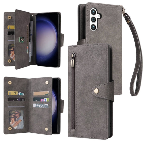 For Samsung Galaxy S25 5G Rivet Buckle 9 Cards Three Fold Leather Phone Case(Grey)