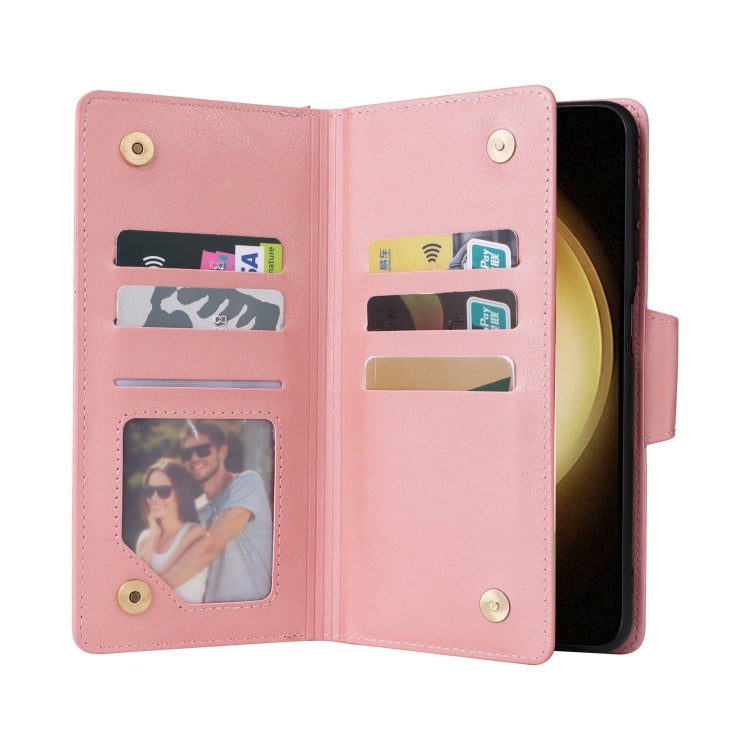 For Samsung Galaxy S25+ 5G Rivet Buckle 9 Cards Three Fold Leather Phone Case(Rose Gold)