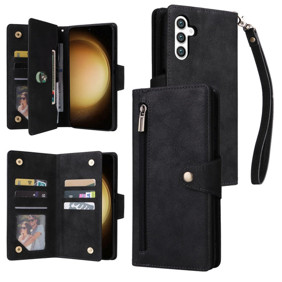 For Samsung Galaxy S25+ 5G Rivet Buckle 9 Cards Three Fold Leather Phone Case(Black)