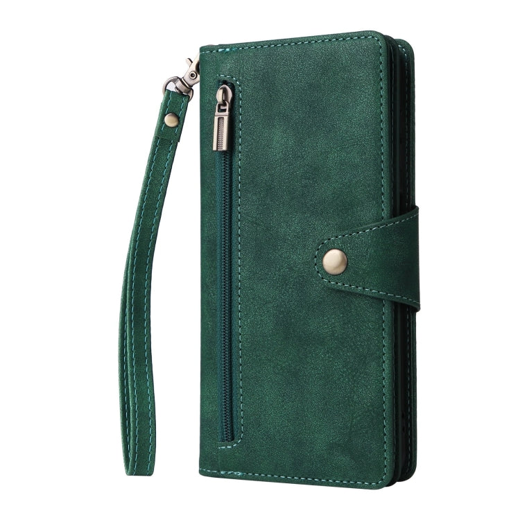 For Samsung Galaxy S25+ 5G Rivet Buckle 9 Cards Three Fold Leather Phone Case(Green)