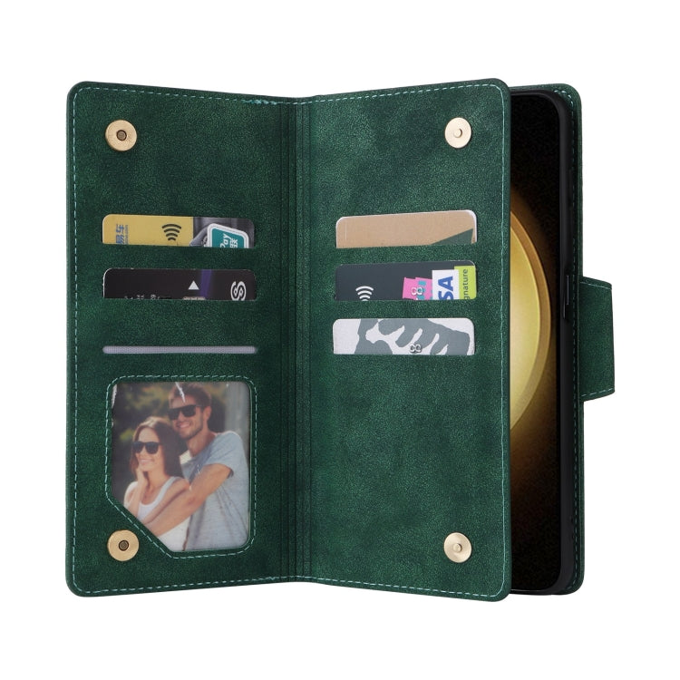 For Samsung Galaxy S25+ 5G Rivet Buckle 9 Cards Three Fold Leather Phone Case(Green)