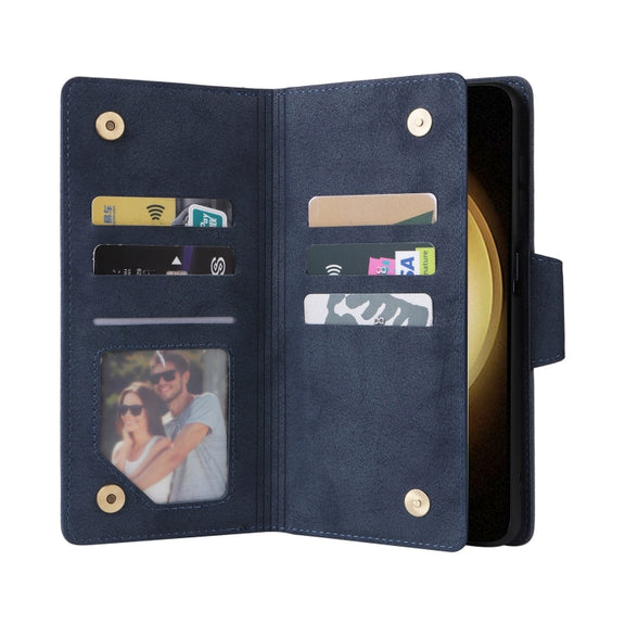 For Samsung Galaxy S25+ 5G Rivet Buckle 9 Cards Three Fold Leather Phone Case(Blue)