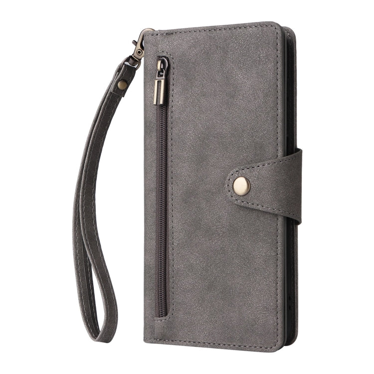 For Samsung Galaxy S25+ 5G Rivet Buckle 9 Cards Three Fold Leather Phone Case(Grey)
