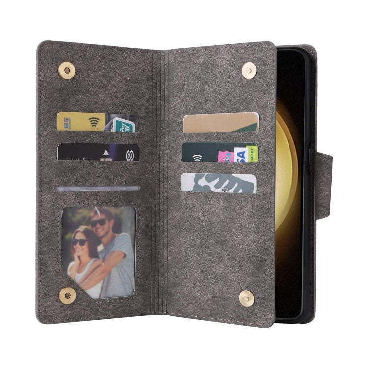 For Samsung Galaxy S25+ 5G Rivet Buckle 9 Cards Three Fold Leather Phone Case(Grey)