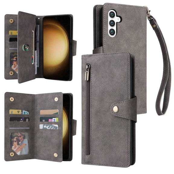 For Samsung Galaxy S25+ 5G Rivet Buckle 9 Cards Three Fold Leather Phone Case(Grey)