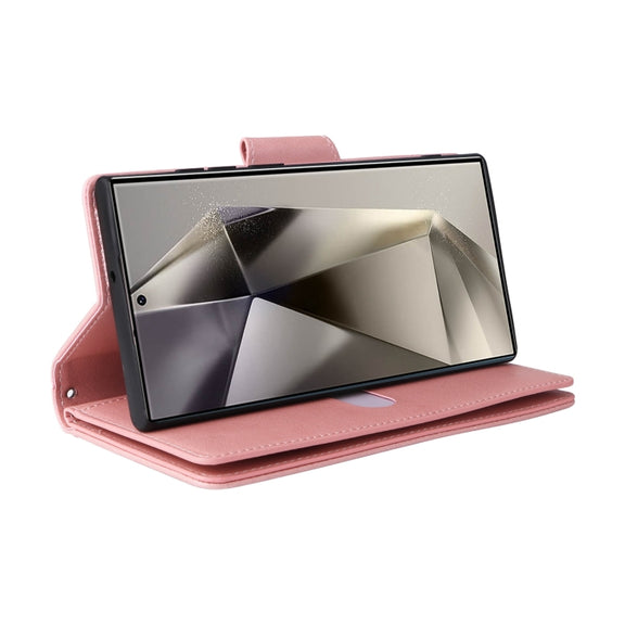 For Samsung Galaxy S25 Ultra 5G Rivet Buckle 9 Cards Three Fold Leather Phone Case(Rose Gold)