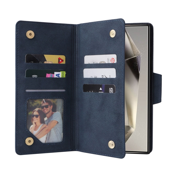 For Samsung Galaxy S25 Ultra 5G Rivet Buckle 9 Cards Three Fold Leather Phone Case(Blue)