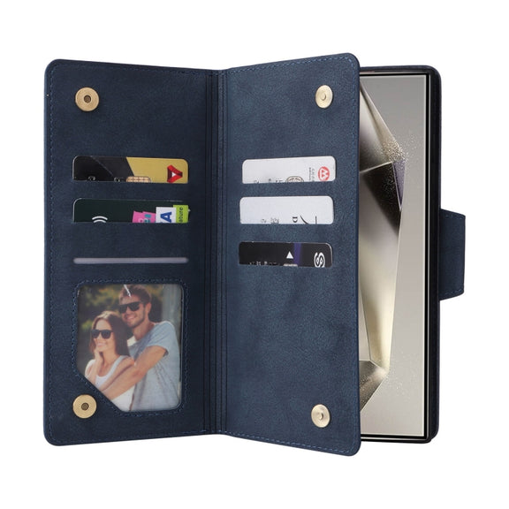 For Samsung Galaxy S25 Ultra 5G Rivet Buckle 9 Cards Three Fold Leather Phone Case(Blue)
