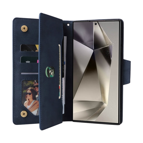 For Samsung Galaxy S25 Ultra 5G Rivet Buckle 9 Cards Three Fold Leather Phone Case(Blue)