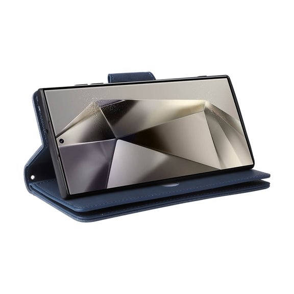 For Samsung Galaxy S25 Ultra 5G Rivet Buckle 9 Cards Three Fold Leather Phone Case(Blue)