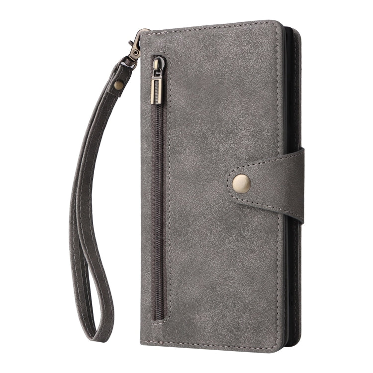 For Samsung Galaxy S25 Ultra 5G Rivet Buckle 9 Cards Three Fold Leather Phone Case(Grey)