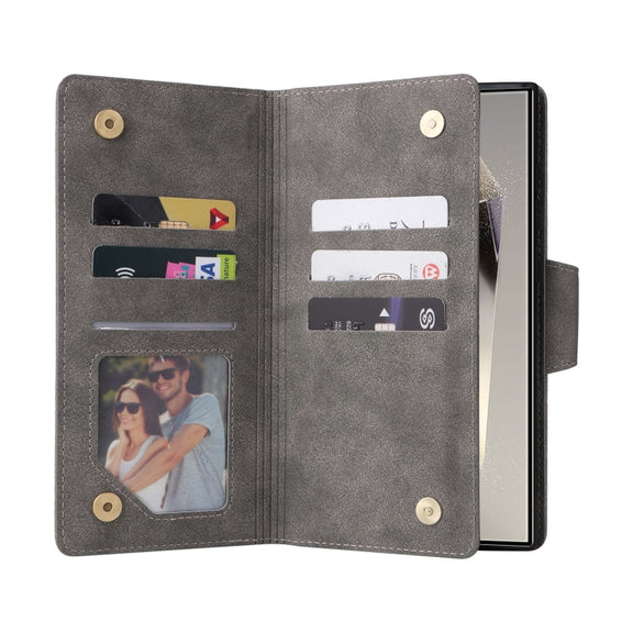 For Samsung Galaxy S25 Ultra 5G Rivet Buckle 9 Cards Three Fold Leather Phone Case(Grey)