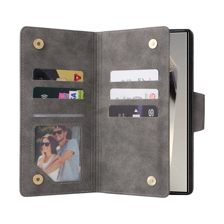 For Samsung Galaxy S25 Ultra 5G Rivet Buckle 9 Cards Three Fold Leather Phone Case(Grey)