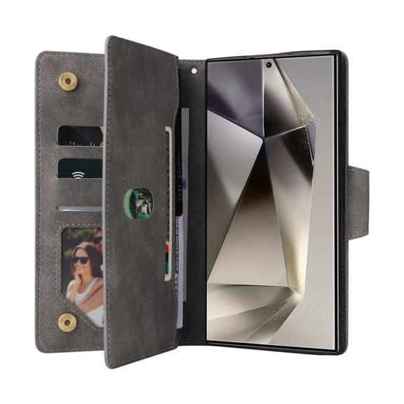 For Samsung Galaxy S25 Ultra 5G Rivet Buckle 9 Cards Three Fold Leather Phone Case(Grey)