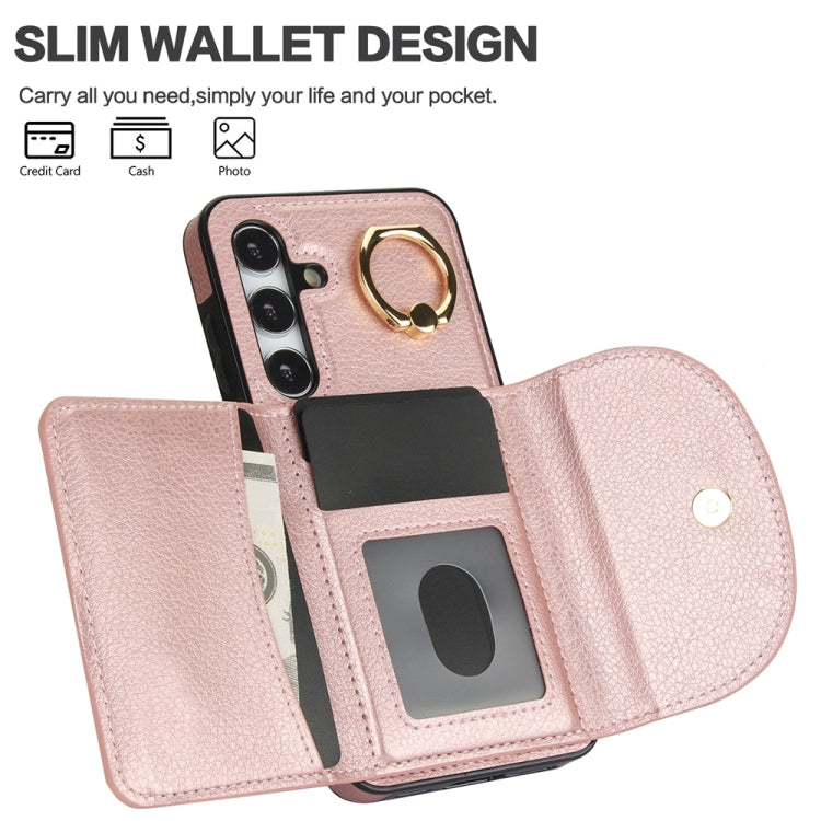 For Samsung Galaxy S25 5G Ring Holder Card Bag Skin Feel Phone Case(Rose Gold)
