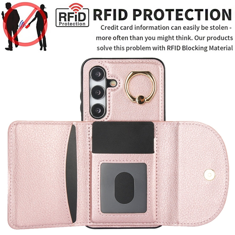 For Samsung Galaxy S25 5G Ring Holder Card Bag Skin Feel Phone Case(Rose Gold)