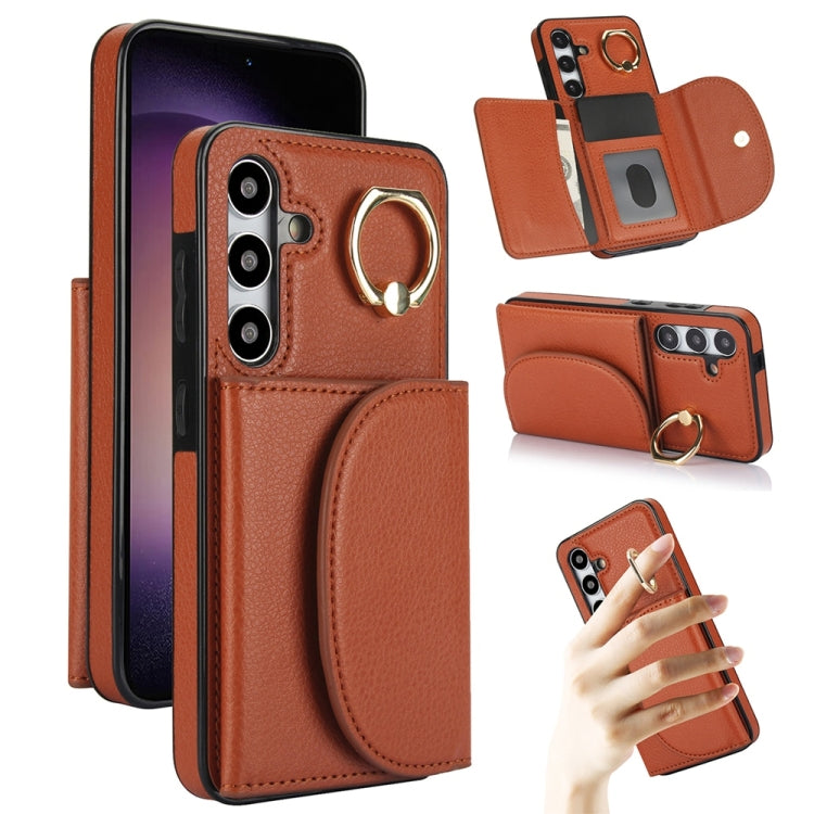 For Samsung Galaxy S25 5G Ring Holder Card Bag Skin Feel Phone Case(Brown)