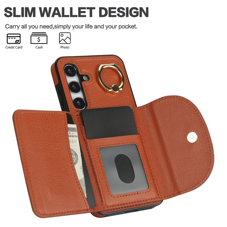 For Samsung Galaxy S25 5G Ring Holder Card Bag Skin Feel Phone Case(Brown)