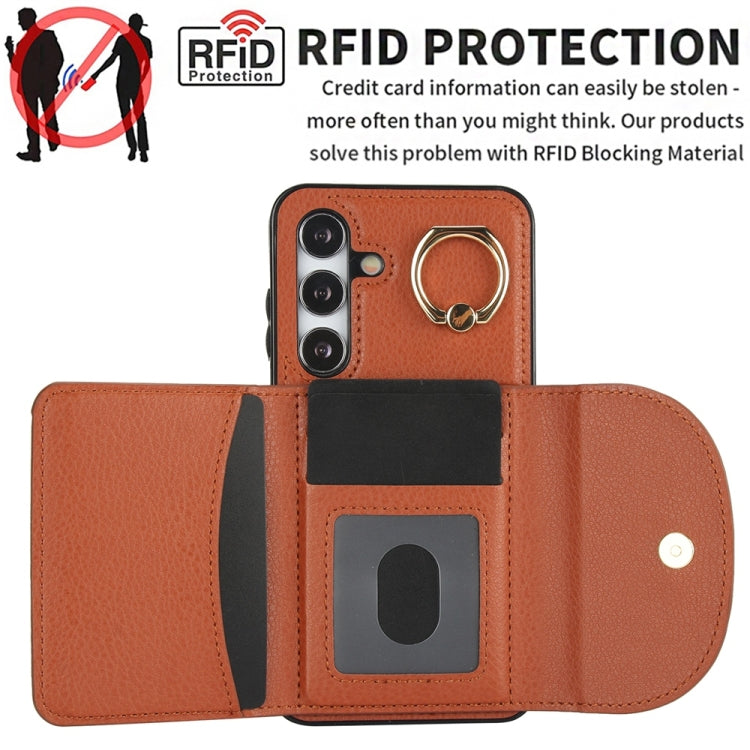 For Samsung Galaxy S25 5G Ring Holder Card Bag Skin Feel Phone Case(Brown)