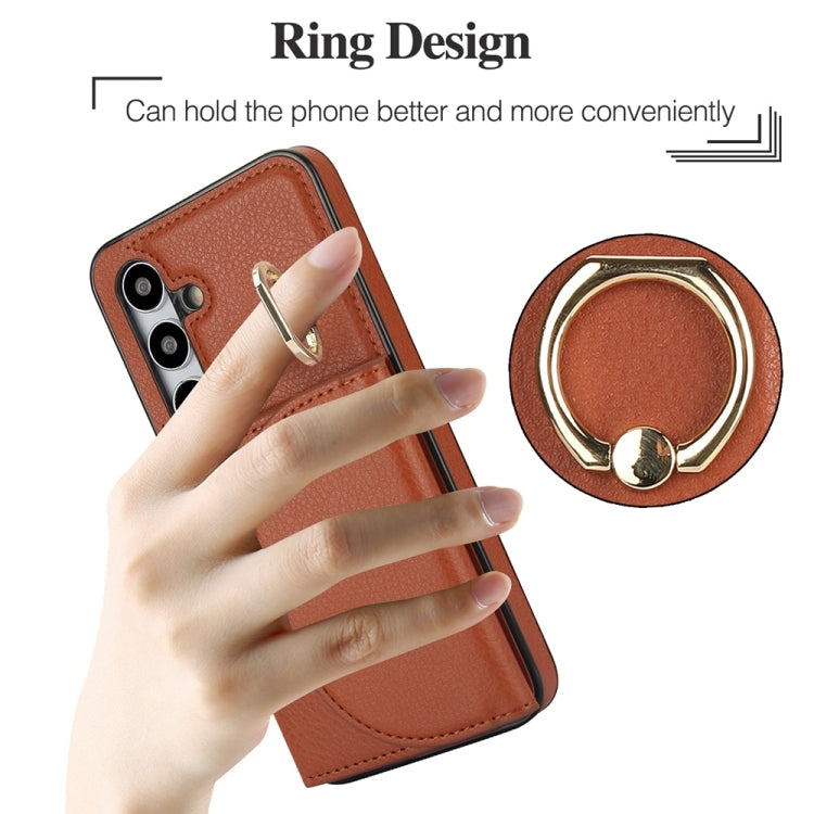 For Samsung Galaxy S25 5G Ring Holder Card Bag Skin Feel Phone Case(Brown)