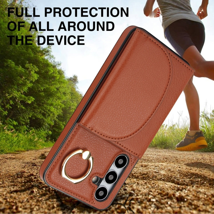 For Samsung Galaxy S25 5G Ring Holder Card Bag Skin Feel Phone Case(Brown)