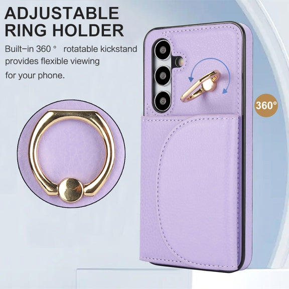 For Samsung Galaxy S25 5G Ring Holder Card Bag Skin Feel Phone Case(Purple)