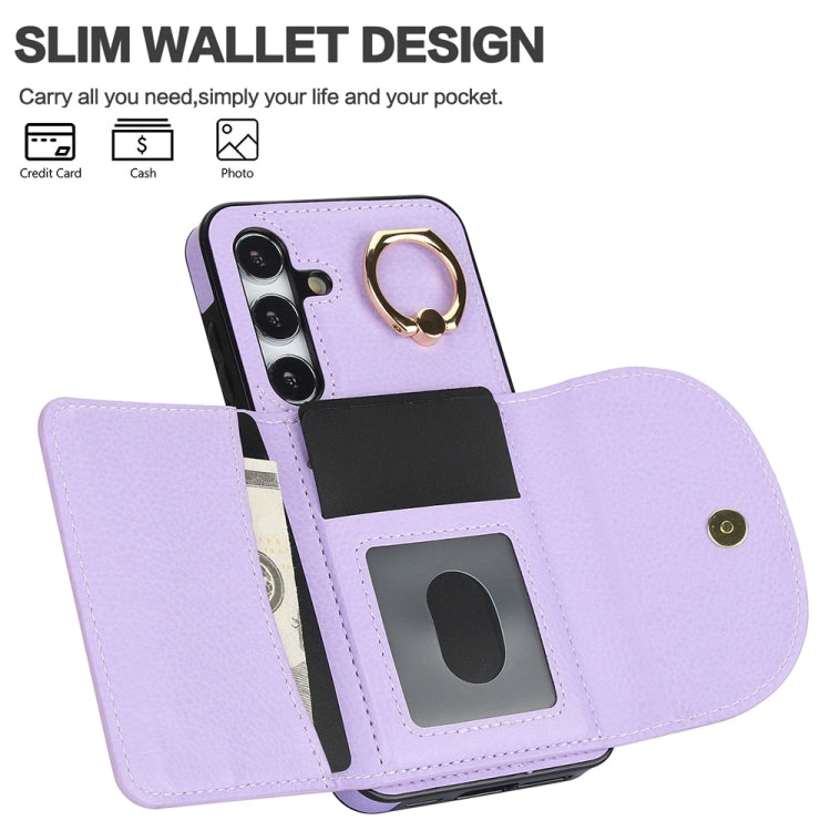 For Samsung Galaxy S25 5G Ring Holder Card Bag Skin Feel Phone Case(Purple)